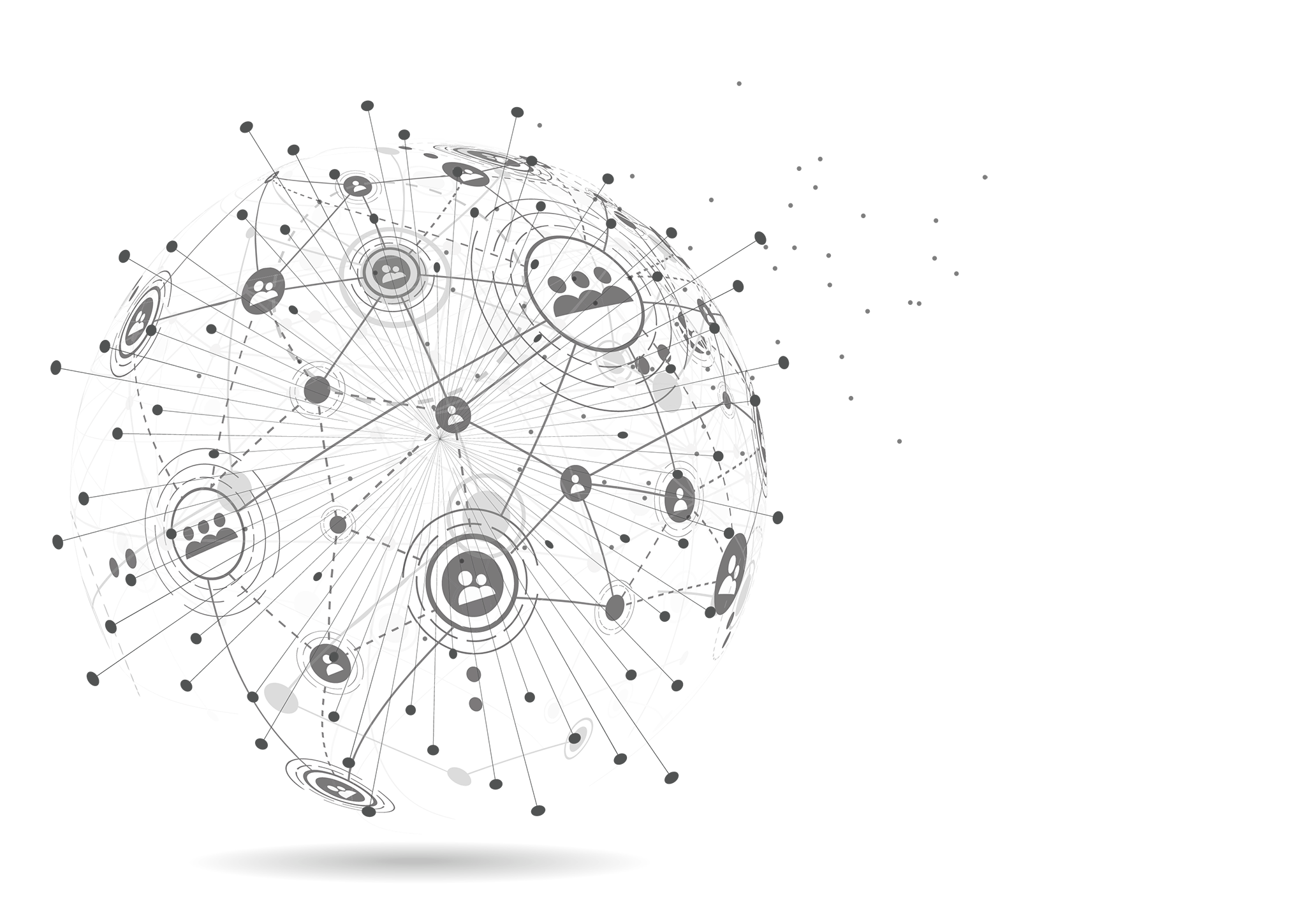 Abstract global network graphic with connected lines and dots on black background.